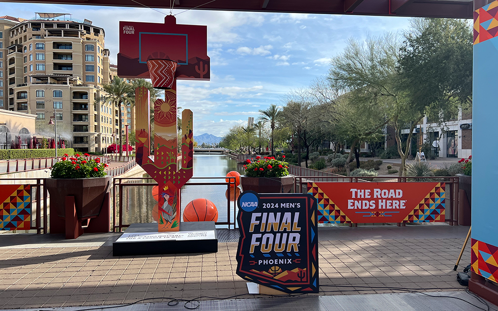 Four “Cactus Basketball Hoops” designed by local artist Paul Molina incorporate basketball and Indigenous cultures as the Valley prepares to host the men’s Final Four. (Photo by Justin de Haas/Cronkite News)