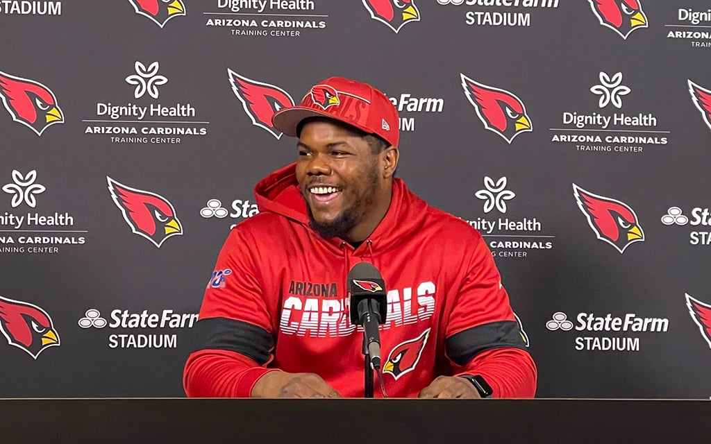Defensive tackle Bilal Nichols talks to the media Thursday after signing a three-year deal with the Arizona Cardinals. (Photo by Aaron Decker/Cronkite News)