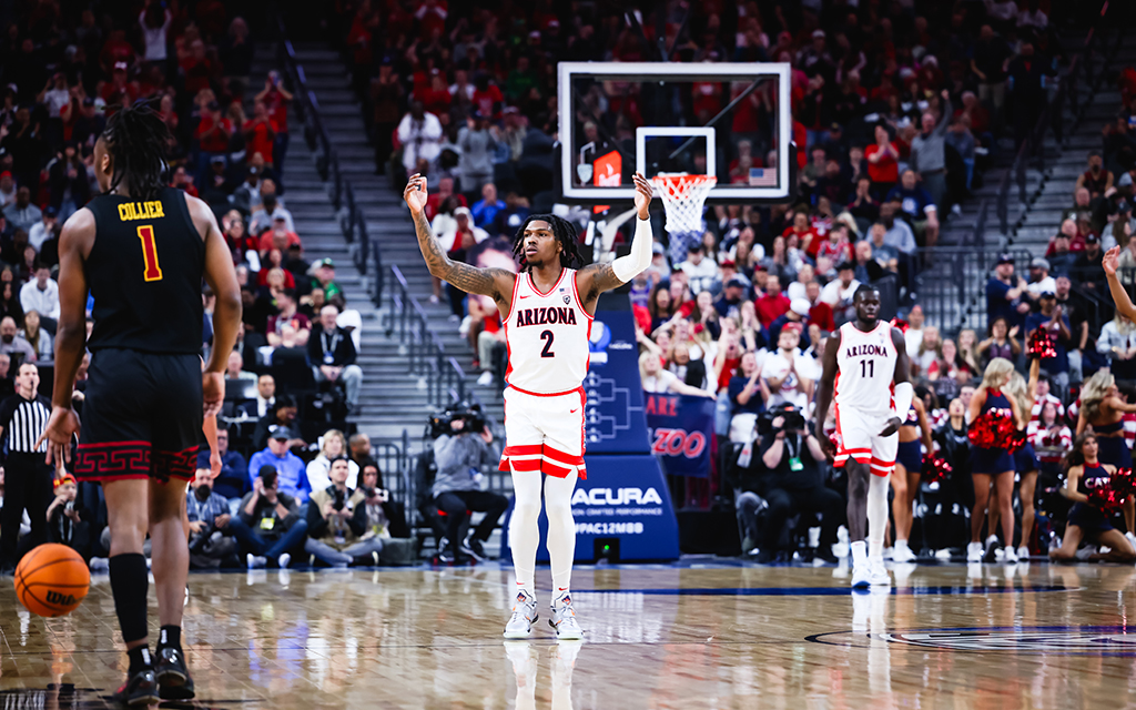 Arizona freshman guard KJ Lewis celebrates after making a layup while being fouled in the Wildcats' 70-49 win Thursday against USC in the 2024 Pac-12 Tournament Quarterfinals at T-Mobile Arena in Las Vegas, Nevada. (Photo by Dominic Contini/Cronkite News)