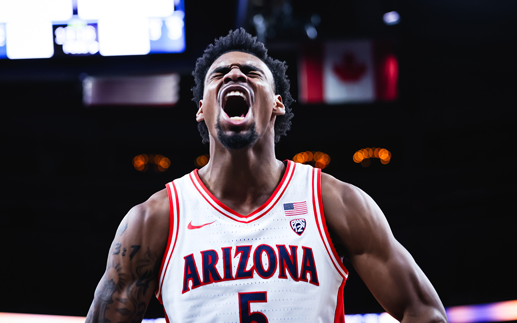 Arizona freshman guard KJ Lewis celebrates after making a layup while being fouled in the Wildcats' 70-49 win against USC in the 2024 Pac-12 Tournament Quarterfinals at T-Mobile Arena in Las Vegas, Nevada. (Photo by Dominic Contini/Cronkite News)