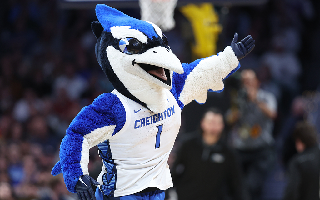 The Creighton Bluejays mascot is one of the few bird mascots left in the men’s NCAA Tournament. The Jays are averaging more made 3-point field goals (10.6) than turnovers committed (9.8) per game. (Photo by Sean M. Haffey/Getty Images)