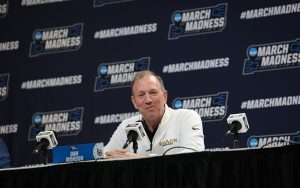 Long Beach State men’s basketball coach Dan Monson jokes with the media about coaching for free, after parting ways with the university at the end of the regular season, at Delta Center in Salt Lake City, Utah. (Photo by Hayden Cilley/Cronkite News)