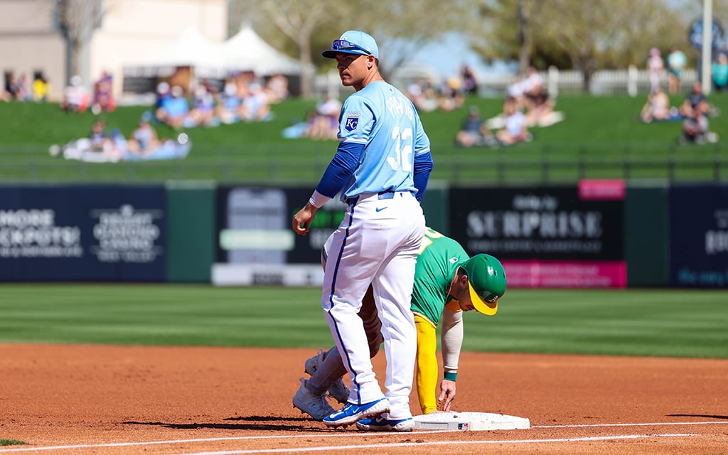 Kansas City infielder Nick Pratto looks back during the Royals’ recent game against the A’s. The team overall is looking forward with the addition of veterans that could help the organization return to its winning ways. (Photo by Reece Andrews/Cronkite News)