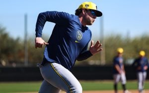 Milwaukee Brewers first baseman Rhys Hoskins, known as 'Pee Wee,' gears up for the upcoming season after signing a lucrative contract following a season-ending ACL injury in 2023. (Photo by Ethan Briggs/Cronkite News)