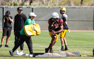 Kyson Brown runs through a drill during a recent practice. The Sun Devils hope to bounce back after a 3-9 season. (Photo by Ethan Briggs/Cronkite News)
