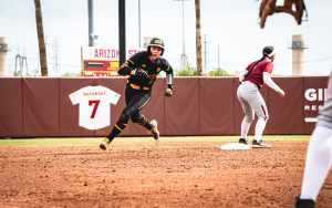 Kayla Lissy's base-stealing expertise highlights ASU softball's strategic and aggressive approach to the game this season. (Photo courtesy of Sun Devil Athletics)