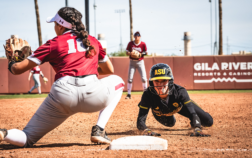 ASU softball's success at stealing bases is giving them a chance to lead the Pac-12 in steals for the first time since 2006. (Photo courtesy of Sun Devil Athletics)