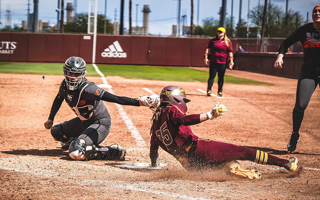 ASU softball's Audrey LeClair slides into home base for one of her 13 runs scored this season. (Photo courtesy of Sun Devil Athletics)