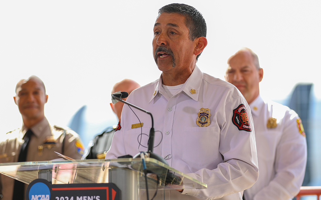 Phoenix Fire Chief Mike Duran III talks about public safety efforts in preparation for the 2024 Men’s Final Four in Arizona. Photo taken April 1, 2024, at the Glendale Media Center. (Photo by Daniella Trujillo/Cronkite News)
