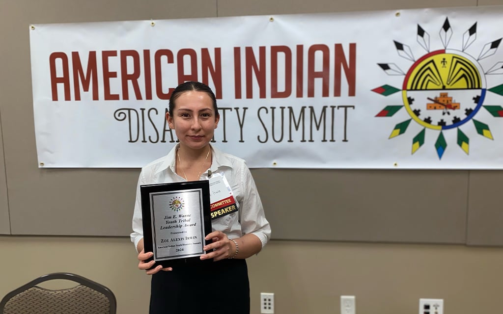 Zoë Alexis Irwin wins the Jim E. Warne Jr. Youth Tribal Leadership Award at the fourth annual American Indian Youth Disability Summit on Saturday, April 13. (Photo courtesy of Zoë Alexis Irwin)