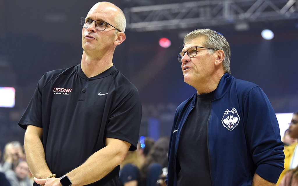 With the UConn men's and women's basketball teams poised for potential NCAA championships, coaches Dan Hurley, left, and Geno Auriemma aim to guide their players to a special place in history. (Brad Horrigan/Hartford Courant/Tribune News Service via Getty Images)