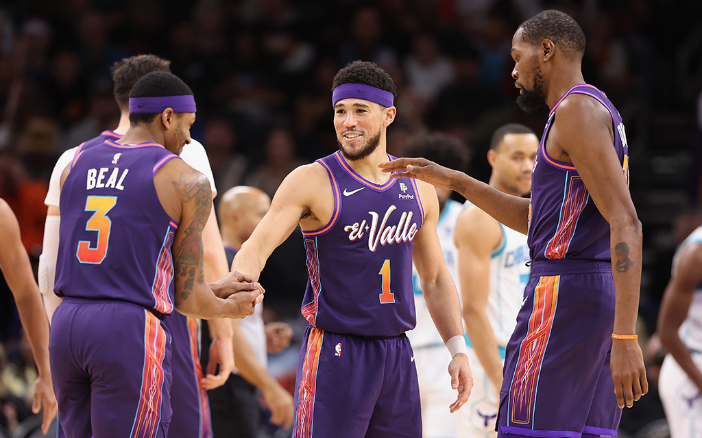 The Phoenix Suns' big three of Kevin Durant, right, Devin Booker, middle, and Bradley Beal will need to lead the way if the inconsistent but talented team hopes to make a deep playoff run. (Photo by Christian Petersen/Getty Images)