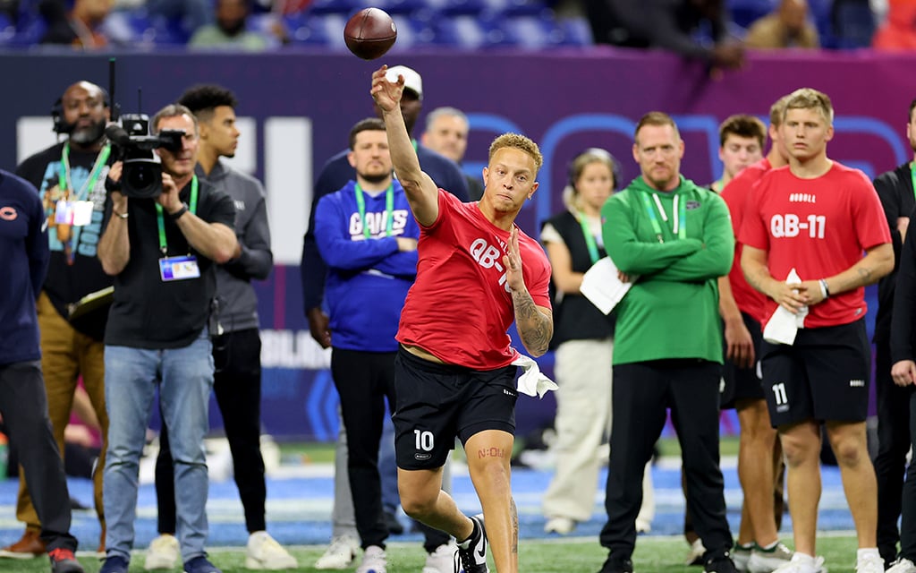 Former Pinnacle High School quarterback Spencer Rattler participates in a drill during the NFL Combine at Lucas Oil Stadium in March. (Photo by Stacy Revere/Getty Images)