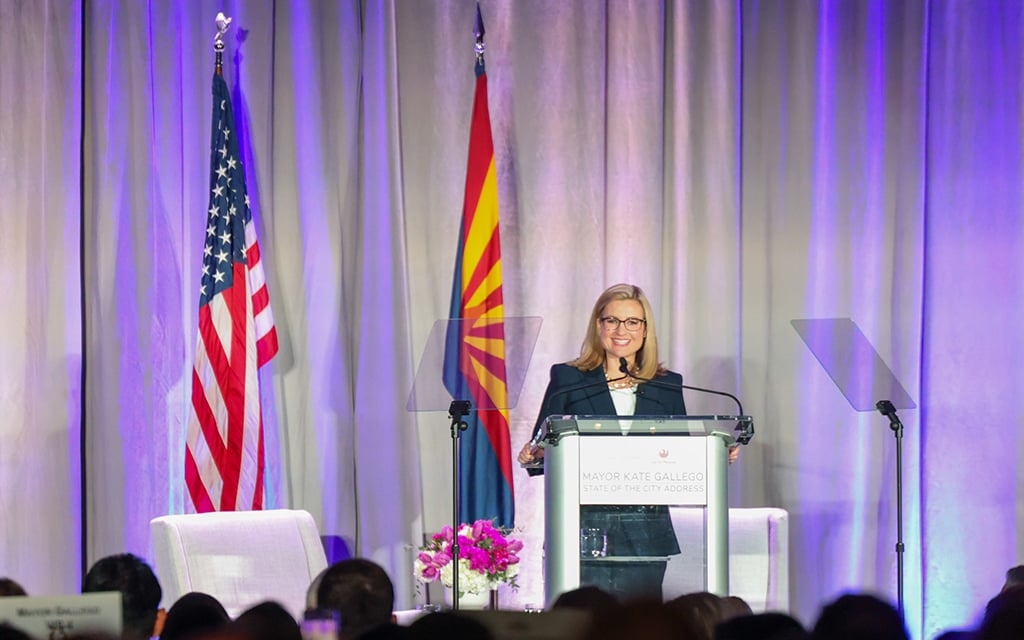 Phoenix Mayor Kate Gallego delivers her annual State of the City address at the Sheraton Phoenix Downtown Hotel on April 23, 2024. (Photo by Crystal Aguilar/Cronkite News)