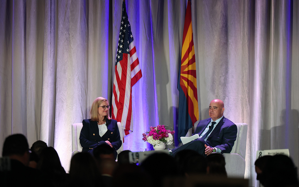 Phoenix Mayor Kate Gallego, left, and Greater Phoenix Chamber President and CEO Todd Sanders conduct a Q&A after Gallego’s annual State of the City address at the Sheraton Phoenix Downtown Hotel on April 23, 2024. (Photo by Crystal Aguilar/Cronkite News)