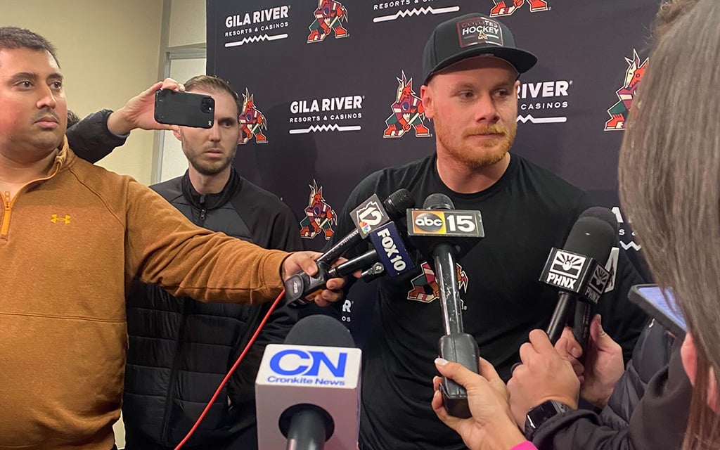 Lawson Crouse responds to questions Tuesday at the Ice Den in Scottsdale about the team’s expected relocation to Salt Lake City. (Photo by Ari Wohl/Cronkite News)