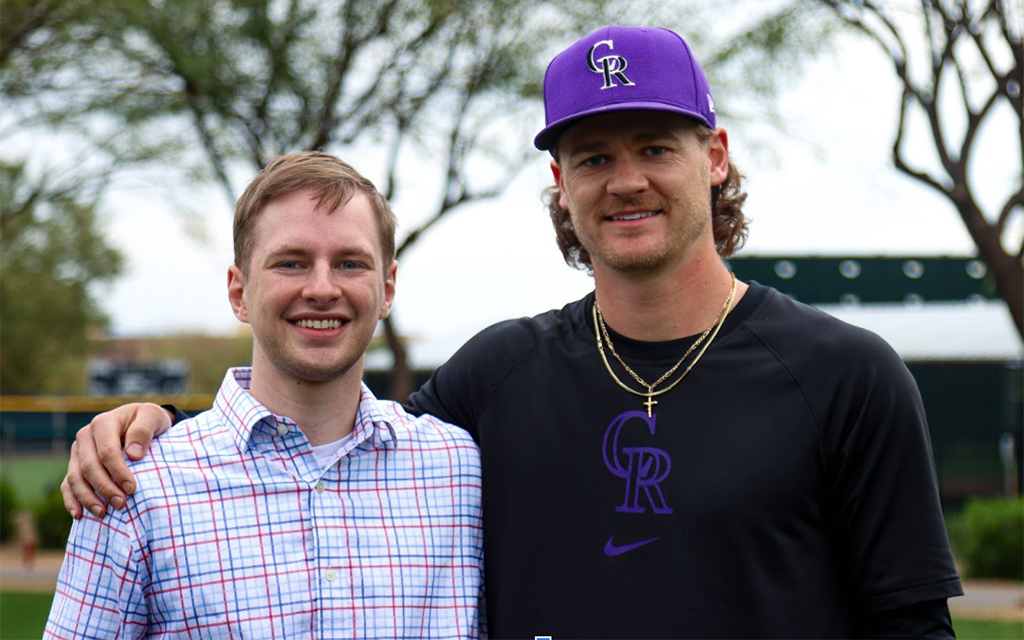 The author, Asher Hyre, left, found strength during his cancer treatment by connecting with Rockies pitcher Ryan Feltner, who was dealing with recovery from a fractured skull. (Photo courtesy of Asher Hyre)