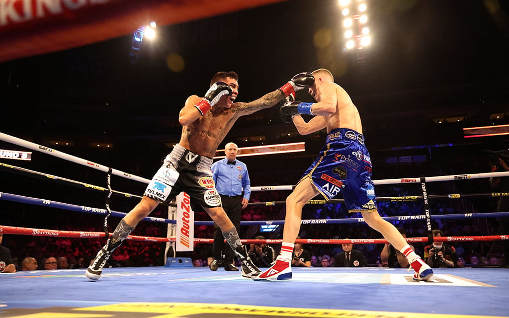 Oscar Valdez throwing a jab during his bout with Liam Wilson. Capturing the interim junior lightweight world championship title was a significant moment in his career. (Photo by <a href="https://cronkitenews.azpbs.org/people/joe-eigo/" rel="noopener" target="_blank">Joe Eigo</a>/Cronkite News)