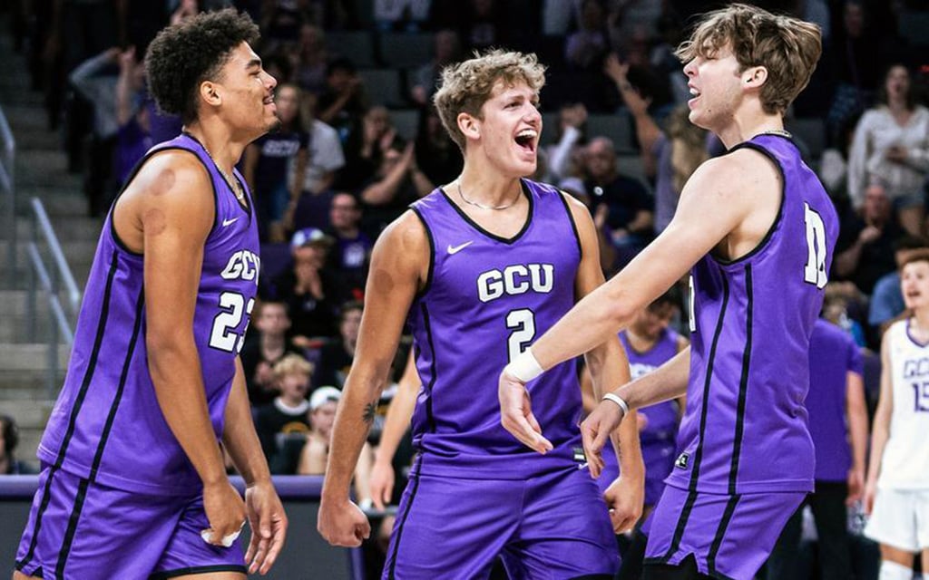 GCU's men's volleyball team celebrates after earning the program's first-ever No. 1 national ranking this season. (Photo courtesy of GCU Athletics)