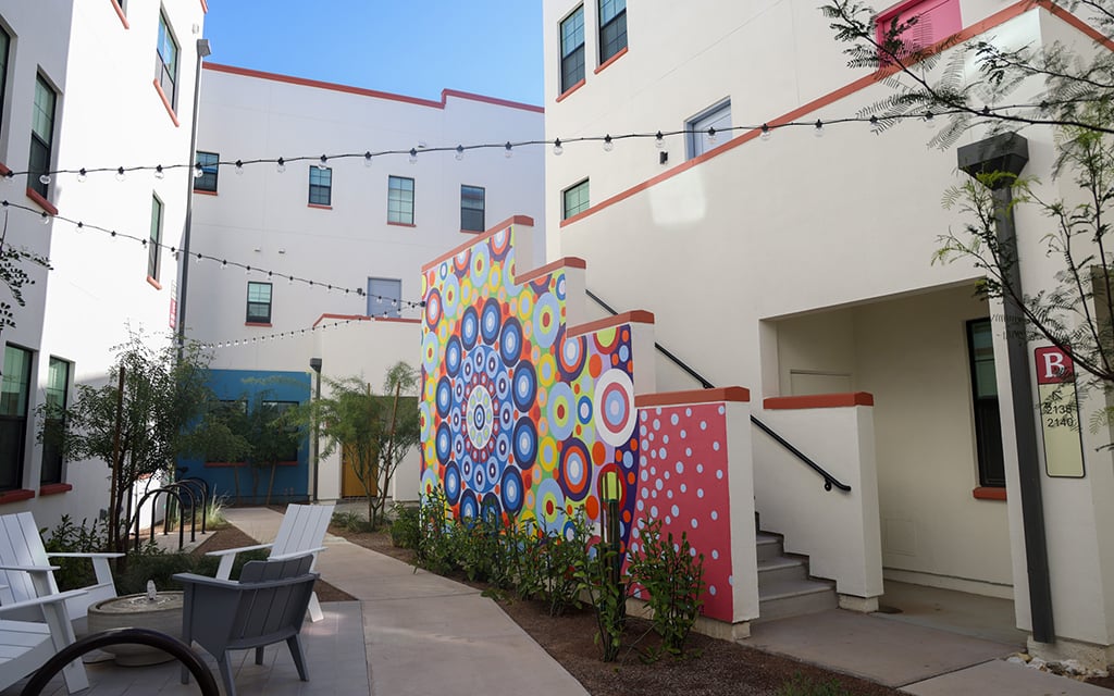A community area inside of Culdesac features a mural by a local artist. Photo taken in Tempe on April 2, 2024. (Photo by Crystal Aguilar/Cronkite News)