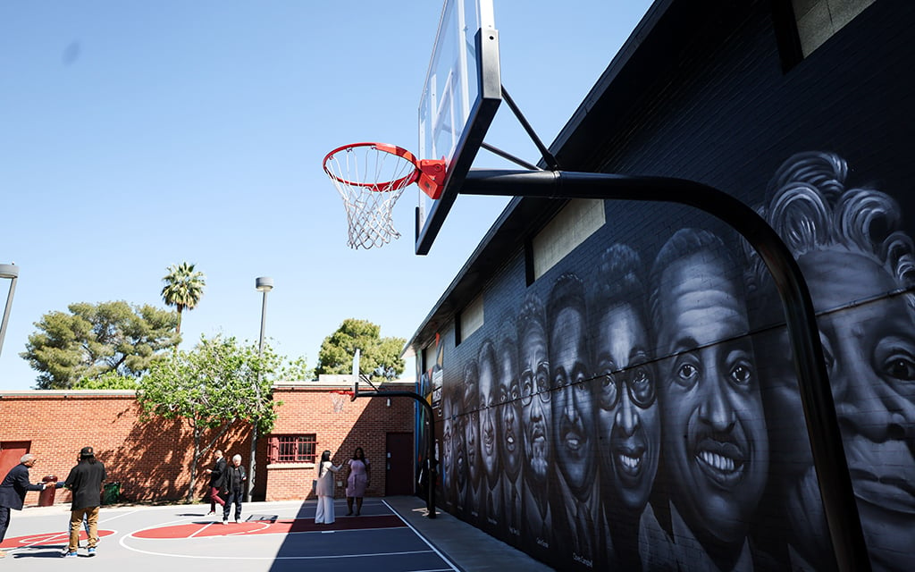 A mural at Eastlake Community Center commemorates important people in the area. On Tuesday, the NCAA men’s Final Four Legacy Project showed off refurbished indoor and outdoor basketball courts. (Photo by Emma Jeanson/Cronkite News)