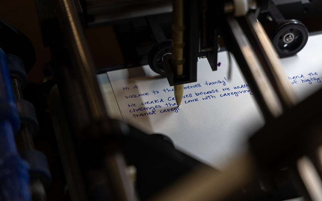 A Handwrytten robot writes a note for one of the company’s clients. Photo taken in Tempe on April 17, 2024. (Photo by Emily Mai/Cronkite News)