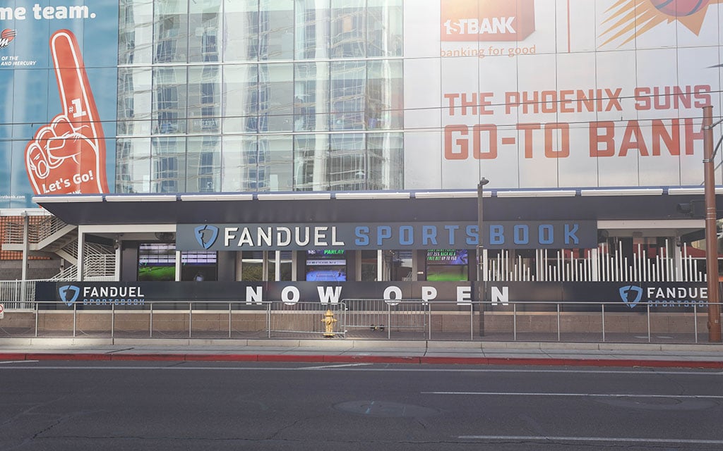 The FanDuel Sportsbook signage is prominently displayed outside Footprint Center. Sports betting partnerships have become the norm for professional sports teams. (File photo by Susan Wong/Cronkite News)