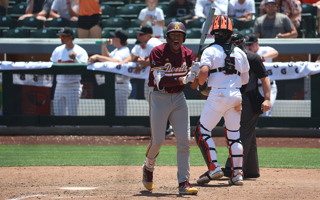 Arizona State outfielder Isaiah Jackson strikes out to end a 3-2 loss in the Pac-12 Baseball Tournament and dash the Sun Devils' hopes of earning an NCAA Tournament berth. (Photo by Shirell Washington/Cronkite News)