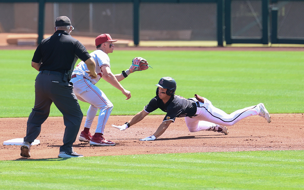 Arizona State outfielder Kien Vu slides into second base against Stanford in the opening game of the Pac-12 Baseball Tournament. ASU fell 8-7 and hurt its chances to advance to the NCAA Tournament. (Photo by Shirell Washington/Cronkite News)