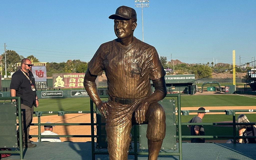 Bobby Winkles' statue stands immortalized along the third baseline at, Phoenix Municipal, honoring ASU baseball's first varsity head coach. (Photo by Tyler Bednar/Cronkite News)
