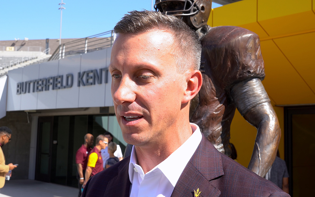Graham Rossini was introduced as Arizona State’s new athletic director Thursday at Mountain America Stadium. “I don’t take this opportunity lightly,” he said. (Photo courtesy of PHNX Sports)
