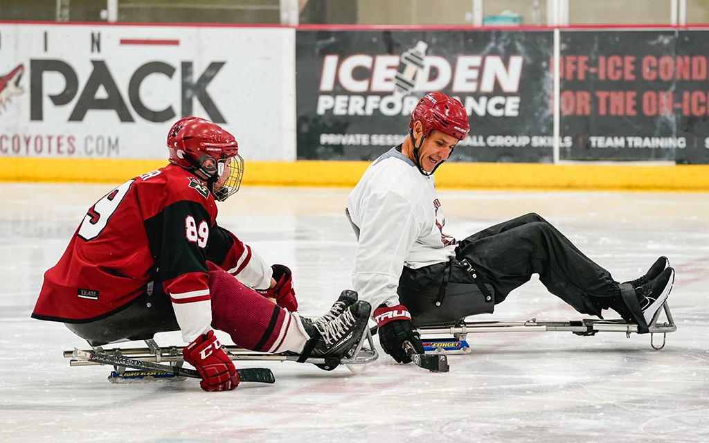 Coyotes Sled Hockey players with various disabilities, including amputees and those with spinal cord injuries, highlight the team's mission of inclusivity. (Photo courtesy of Joshua Gromer)
