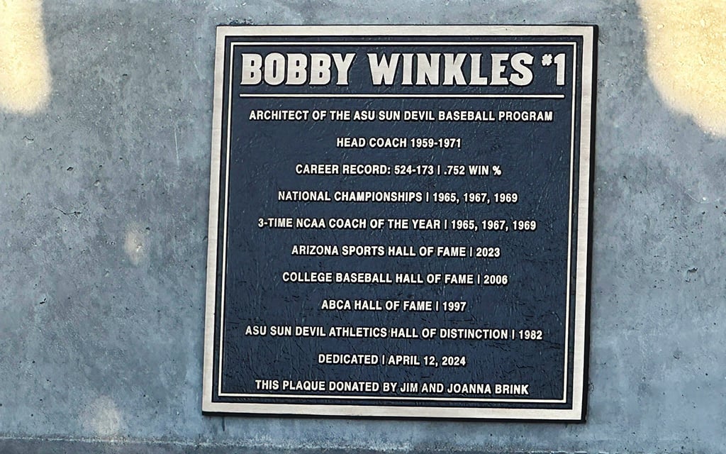 The front of Bobby Winkles’ statue represents his immense accomplishments as the former Arizona State baseball coach. (Photo by Tyler Bednar/Cronkite News)