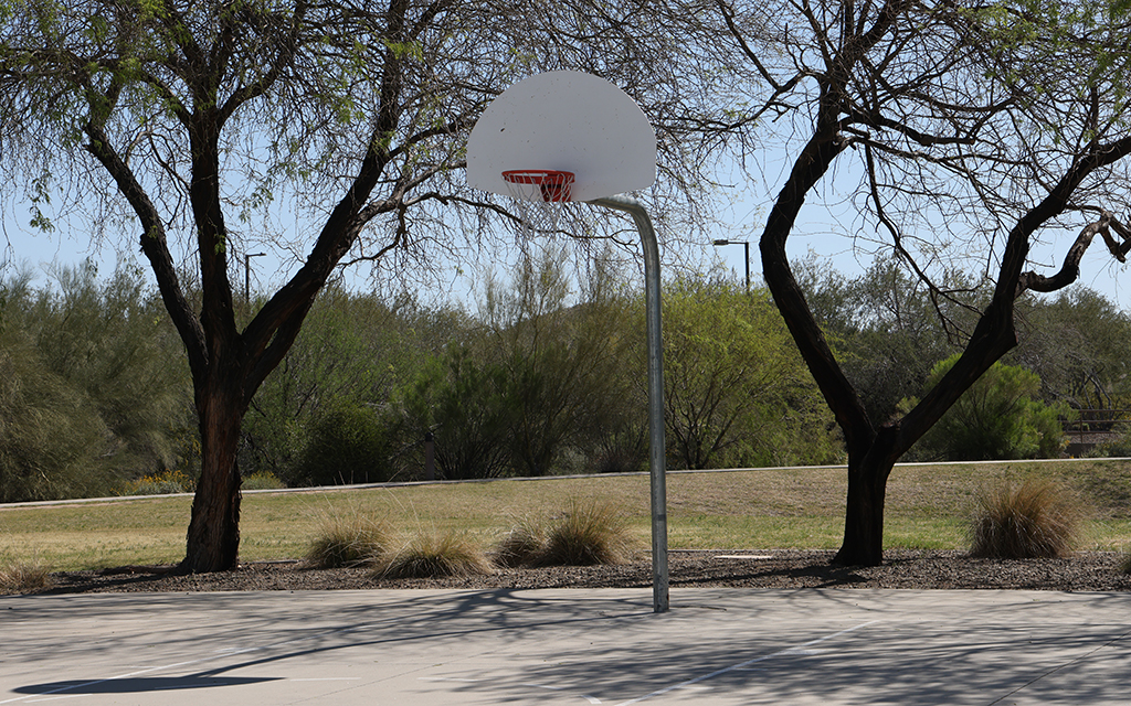 Sonoran Mountain Ranch Park in Peoria has three basketball hoops on its court and is nestled near the Eastwing Mountain Preserve trails. (Photo by Lauren Kobley/Cronkite News)