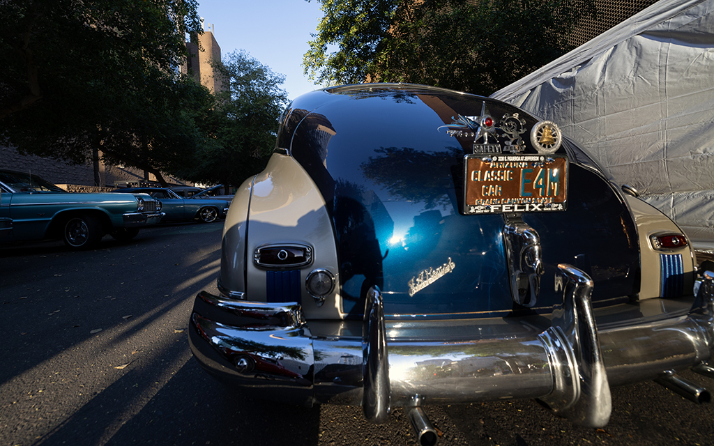 The “bomb,” a type of lowrider car known for its distinctive shape and the air raid siren sound it emits, at the second Saturday of the month car show in downtown Phoenix on April 13, 2024. (Photo by <a href="https://cronkitenews.azpbs.org/people/david-ulloa-jr/" rel="noopener" target="_blank">David Ulloa Jr.</a>/Cronkite News)