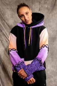 Phoenix Mercury legend Diana Taurasi sports a custom triple-layered hoodie crafted by Arizona designer Jocelyn Hu. (Photo courtesy of Jocelyn Hu)
