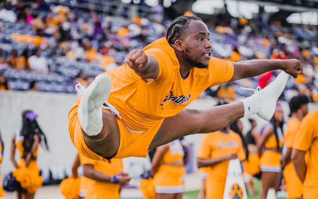 Jaleyl Edwards-Sharp, a cheerleader at Prairie View A&M University, switched from football to cheer at the age of 5. He is grateful for his parents’ support but knows it’s not all the way. (photo courtesy of Jaleyl Edwards-Sharp).