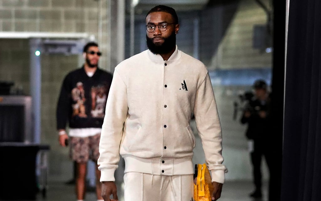 Jaylen Brown's fashion choices reflect his personality, merging high fashion with streetwear influences as an All-Star for the Boston Celtics. (Photo by Jim Davis/The Boston Globe via Getty Images)