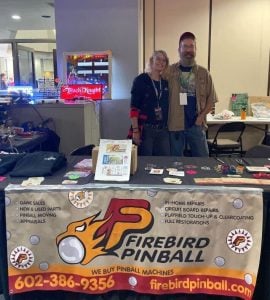 Leslie Newell and Kris Bliznick attend Zapcon, a retro arcade game and pinball convention, on March 10, 2024. (Photo Courtesy of Firebird Pinball)