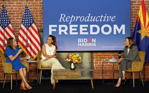 From left, Arizona Corporation Commissioner Anna Tovar, actress Francia Raísa, and Vice President Kamala Harris discuss reproductive rights in Phoenix on June 24, 2024. (Photo by Stella Subasic/Cronkite News)