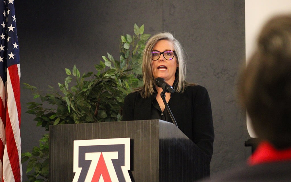 Arizona Gov. Katie Hobbs speaks in Tucson on March 13, 2024. State leaders have advocated for policies that address cities’ water supply issues while simultaneously trying to tamp down fears that the state might not be a good place to live and work. (Photo by Alex Hager/KUNC)