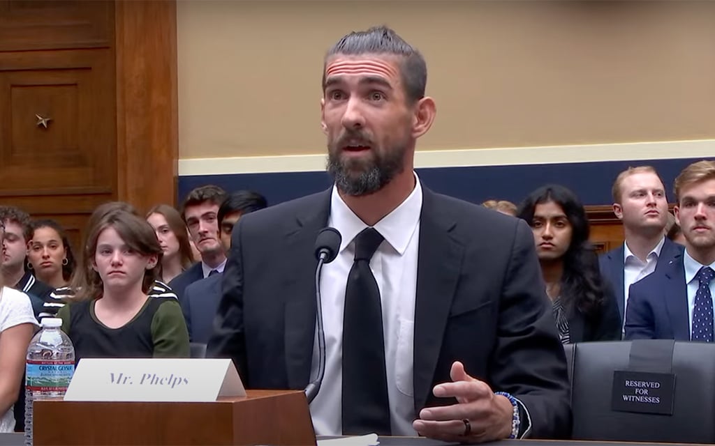 Michael Phelps testifies before a U.S. House Energy and Commerce subcommittee to warn lawmakers about the lack of oversight of anti-doping agencies on June 25, 2024. (Screenshot from U.S. House hearing)