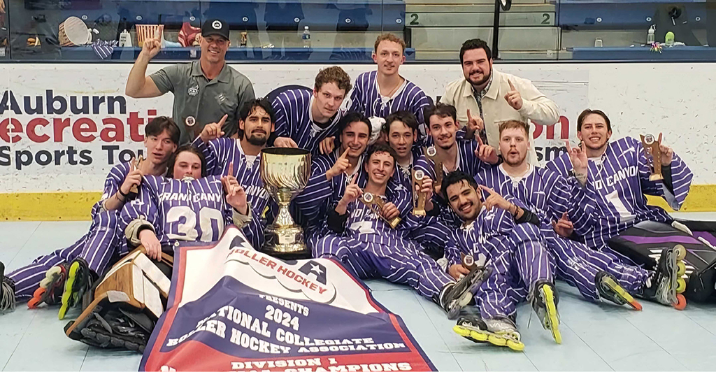 GCU roller hockey celebrates its shocking 2-1 triple overtime victory against Lindenwood in the 2024 NCRHA Division I national championship game. (Photo courtesy of NCRHA)