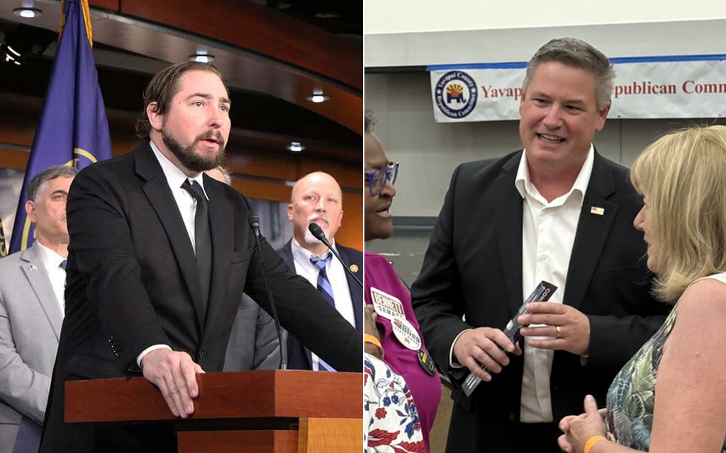 Incumbent U.S. Rep. Eli Crane and former Yavapai County Supervisor Jack Smith will battle for Arizona’s 2nd Congressional District seat in the Republican primary on July 30. (Left: File photo by Ian McKinney/Cronkite News and Right: Photo courtesy of Jack Smith campaign)