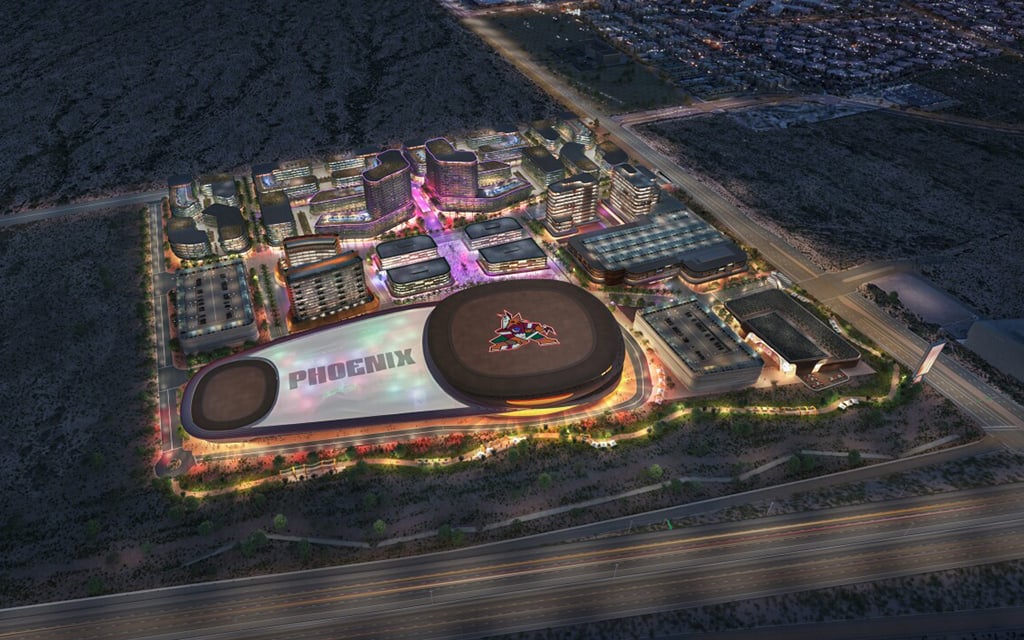 The Arizona Coyotes had an arena and entertainment district planned in north Phoenix before an auction was canceled by the Arizona State Land Department. (Rendering courtesy of Arizona Coyotes)