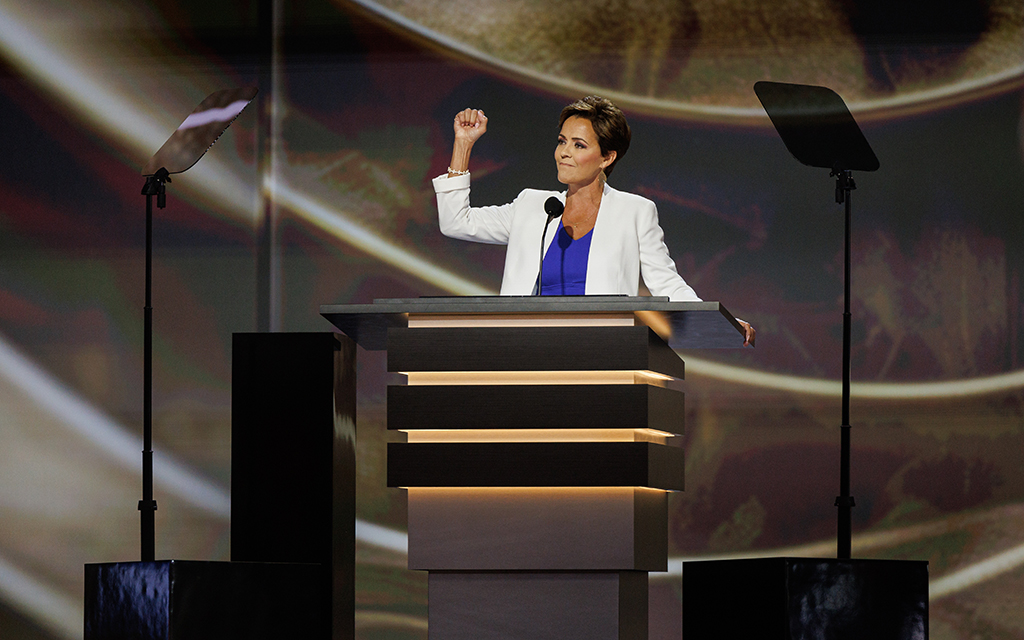 Kari Lake, the former GOP nominee for Arizona governor now seeking a seat in the U.S. Senate, speaks during Day 2 of the Republican National Convention in Milwaukee on July 16, 2024. (Photo by Hudson French/News21)