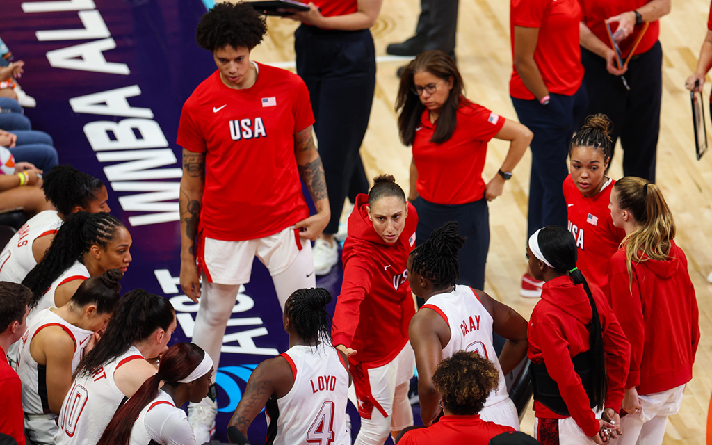 Team USA players, led by Phoenix Mercury veteran Diana Taurasi, regroup during a timeout in their 117-109 loss to Team WNBA in the 2024 WNBA All-Star Game. (Photo by Grace Hand/Cronkite News)