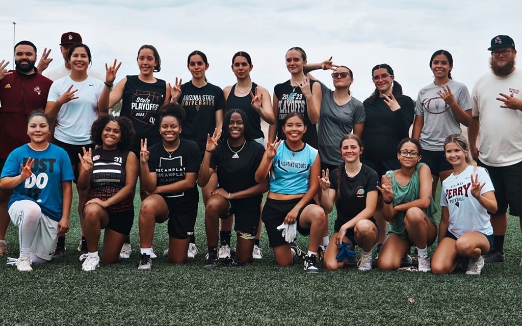 Young girls embrace flag football in Mesa while participating in a youth camp organized by Sierra Smith in June. (Photo courtesy of Sierra Smith)