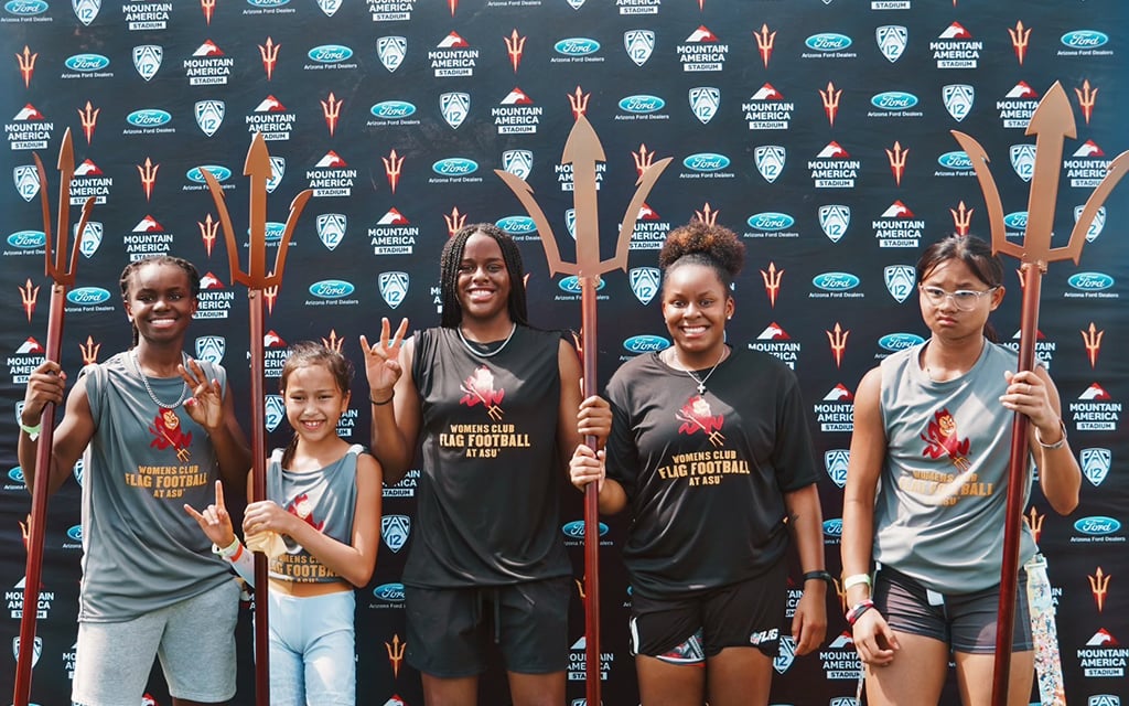 ASU Women's Flag Football Club founder Sierra Smith, middle, holds a youth camp in Mesa in June. Smith's dedication is instrumental in the Sun Devils beginning their first season in January 2025. (Photo courtesy of Sierra Smith)