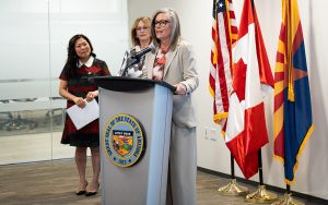 Gov. Katie Hobbs announces a new Canadian trade office in Phoenix in May. Canada Minister of Export Promotion, International Trade and Economic Development Mary Ng, left, joined Hobbs for the announcement. (Photo courtesy of Gov. Katie Hobbs' office)